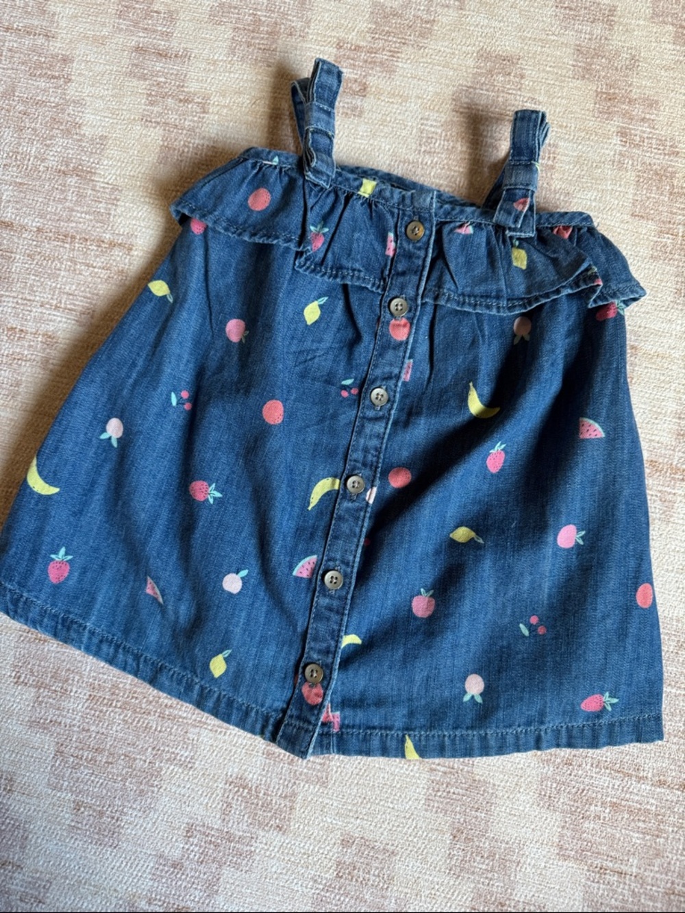 GAP Blue Denim Ruffled Baby Sundress  with Fruit Accents size 3-6M
